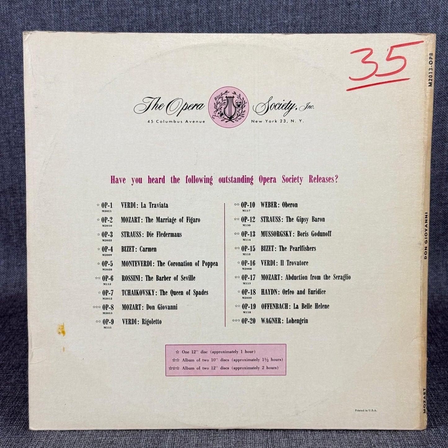 Don Giovanni Mozart Opera Society LP Vinyl Record Vienna Symphony
