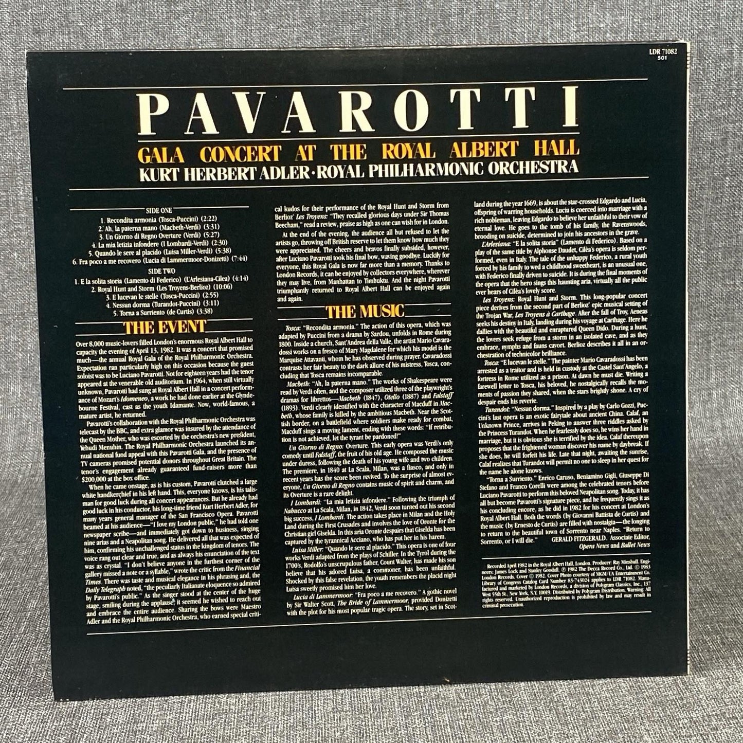 LUCIANO PAVAROTTI  Gala Concert at Royal Albert Hall Vinyl Record 1982 - NM