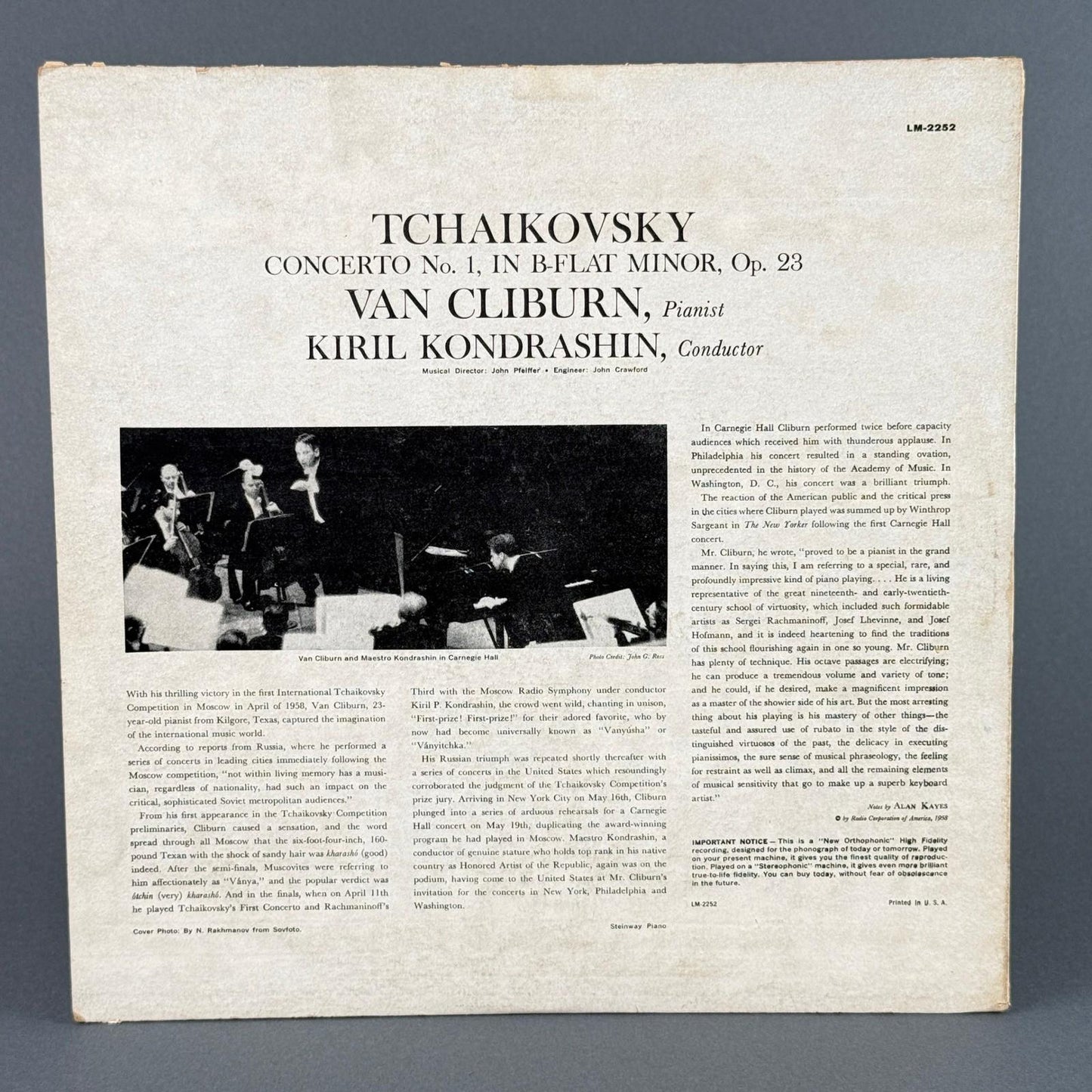 Victor Tchaikovsky Concerto No 1 Van Cliburn Vinyl Record - VG