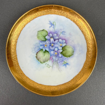 L Dryer Hand Painted Floral Porcelain Plate 7" Gold Gilt Violets 1943 Signed