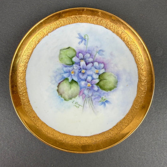 L Dryer Hand Painted Floral Porcelain Plate 7" Gold Gilt Violets 1943 Signed