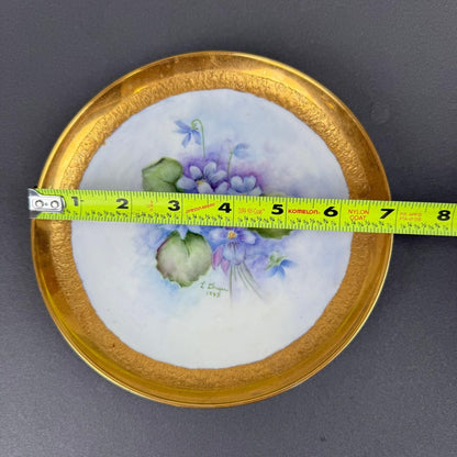 L Dryer Hand Painted Floral Porcelain Plate 7" Gold Gilt Violets 1943 Signed