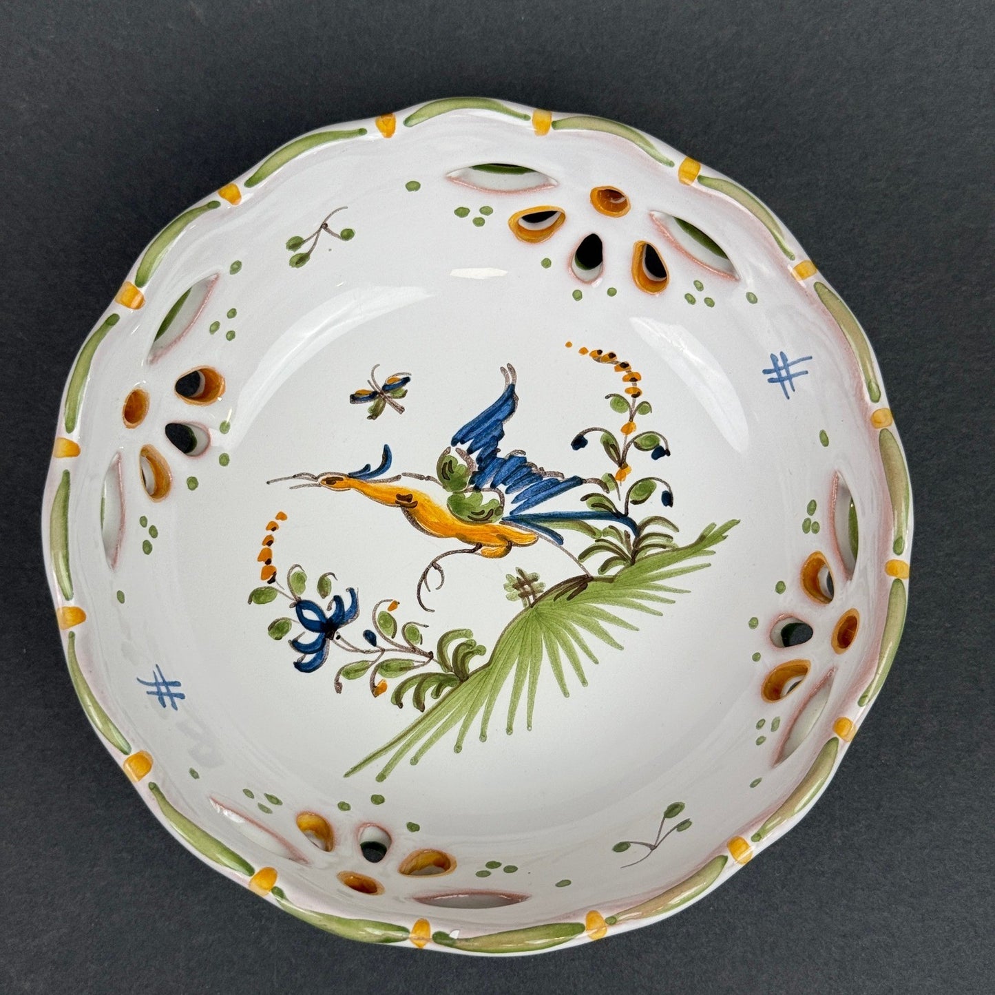 Serraille a Moustiers Small Reticulated Bowl Bird Floral HAND PAINTED 5.5"
