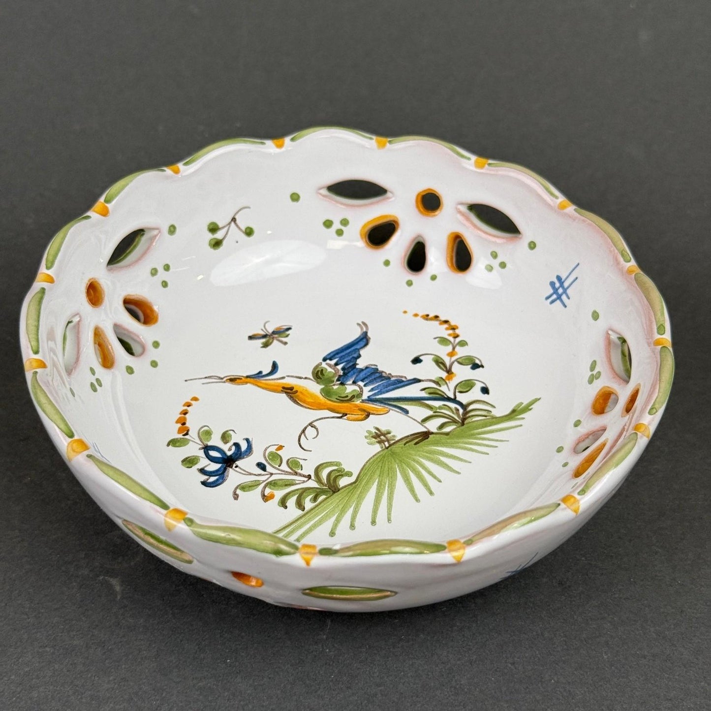 Serraille a Moustiers Small Reticulated Bowl Bird Floral HAND PAINTED 5.5"