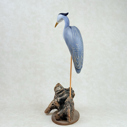 Jim Britton Large Wood Sculpture of  Standing Blue Heron 22.5"