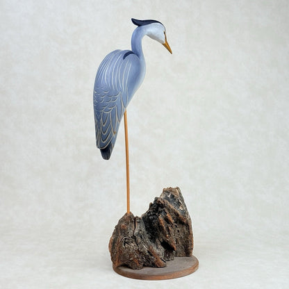Jim Britton Large Wood Sculpture of  Standing Blue Heron 22.5"