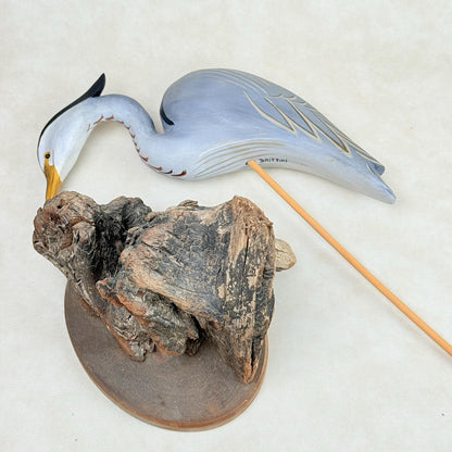 Jim Britton Large Wood Sculpture of  Standing Blue Heron 22.5"