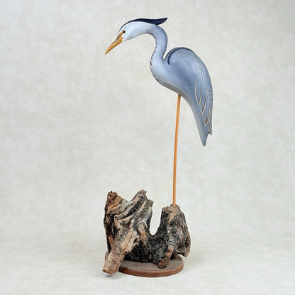 Jim Britton Large Wood Sculpture of  Standing Blue Heron 22.5"