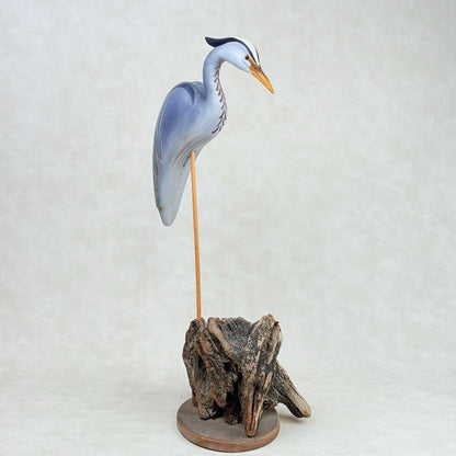 Jim Britton Large Wood Sculpture of  Standing Blue Heron 22.5"