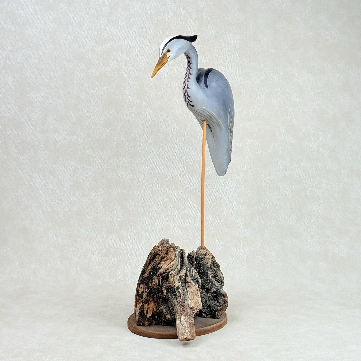 Jim Britton Large Wood Sculpture of  Standing Blue Heron 22.5"