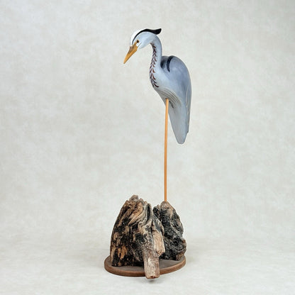 Jim Britton Large Wood Sculpture of  Standing Blue Heron 22.5"