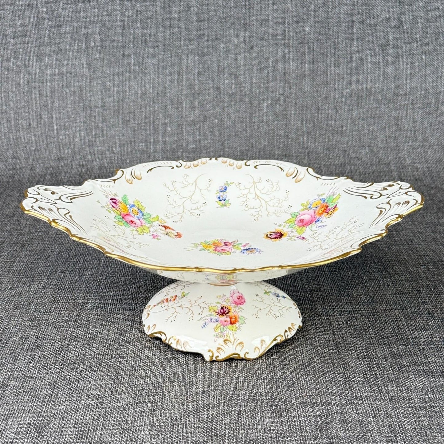 Vintage  Coalport England Pedestal Compote Dish – Hand Painted Floral, Gold Gilt