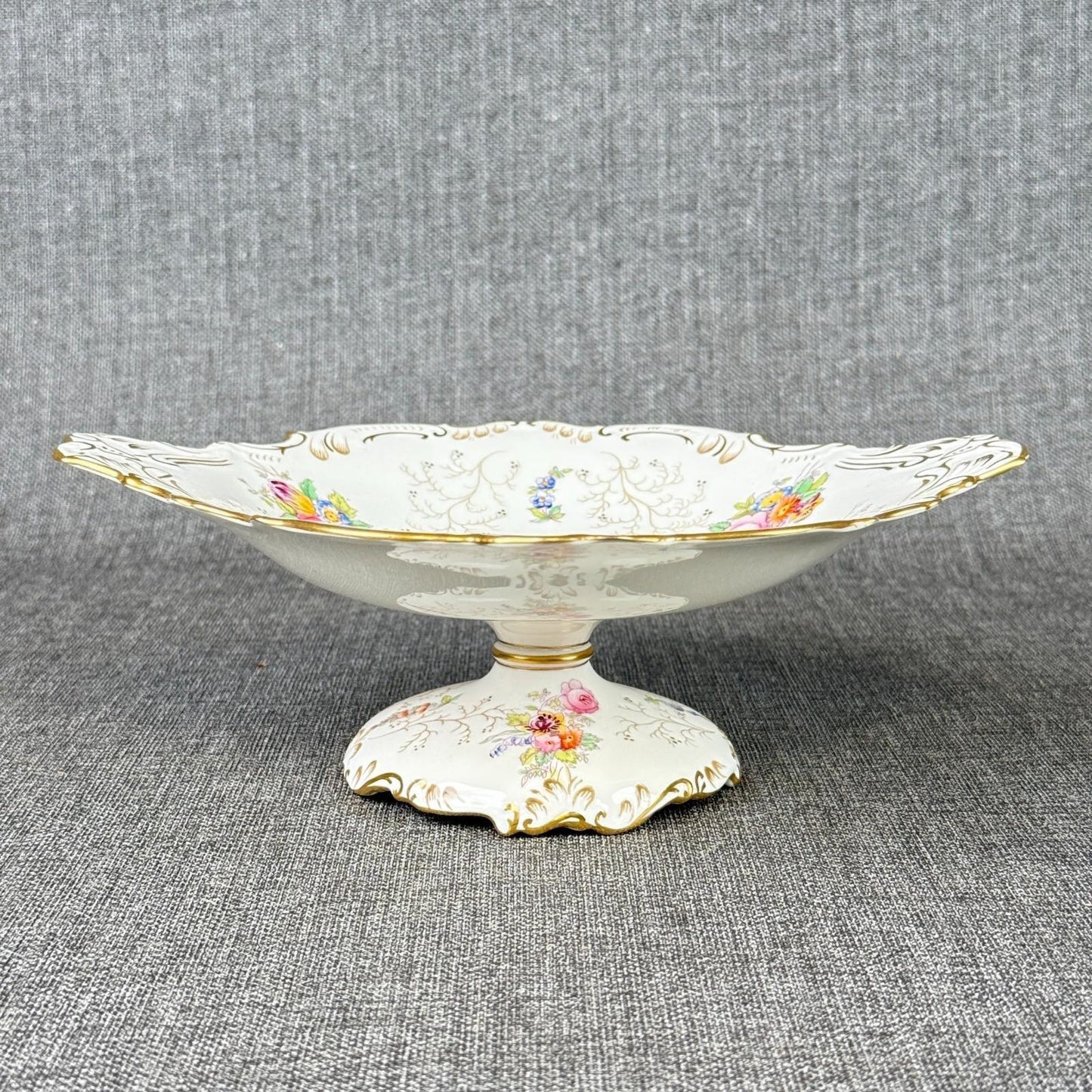 Vintage  Coalport England Pedestal Compote Dish – Hand Painted Floral, Gold Gilt