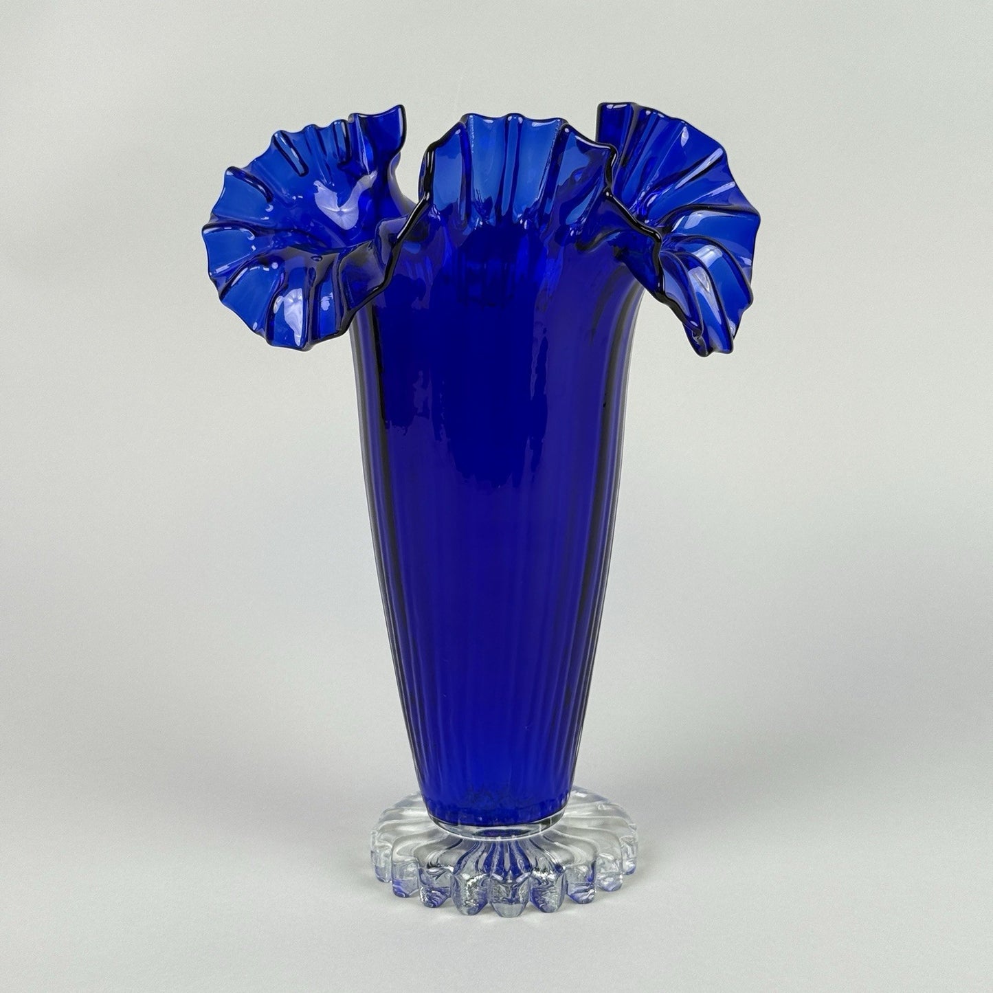 Vintage Cobalt Blue Art Glass Vase with Ruffled Rim – Hand Blown 11"