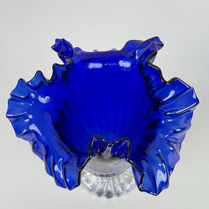 Vintage Cobalt Blue Art Glass Vase with Ruffled Rim – Hand Blown 11"
