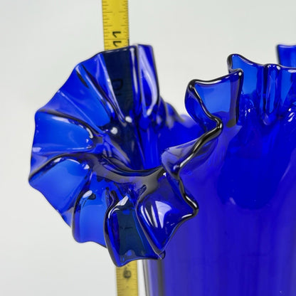 Vintage Cobalt Blue Art Glass Vase with Ruffled Rim – Hand Blown 11"