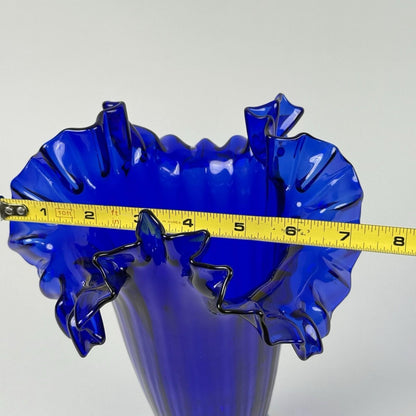 Vintage Cobalt Blue Art Glass Vase with Ruffled Rim – Hand Blown 11"