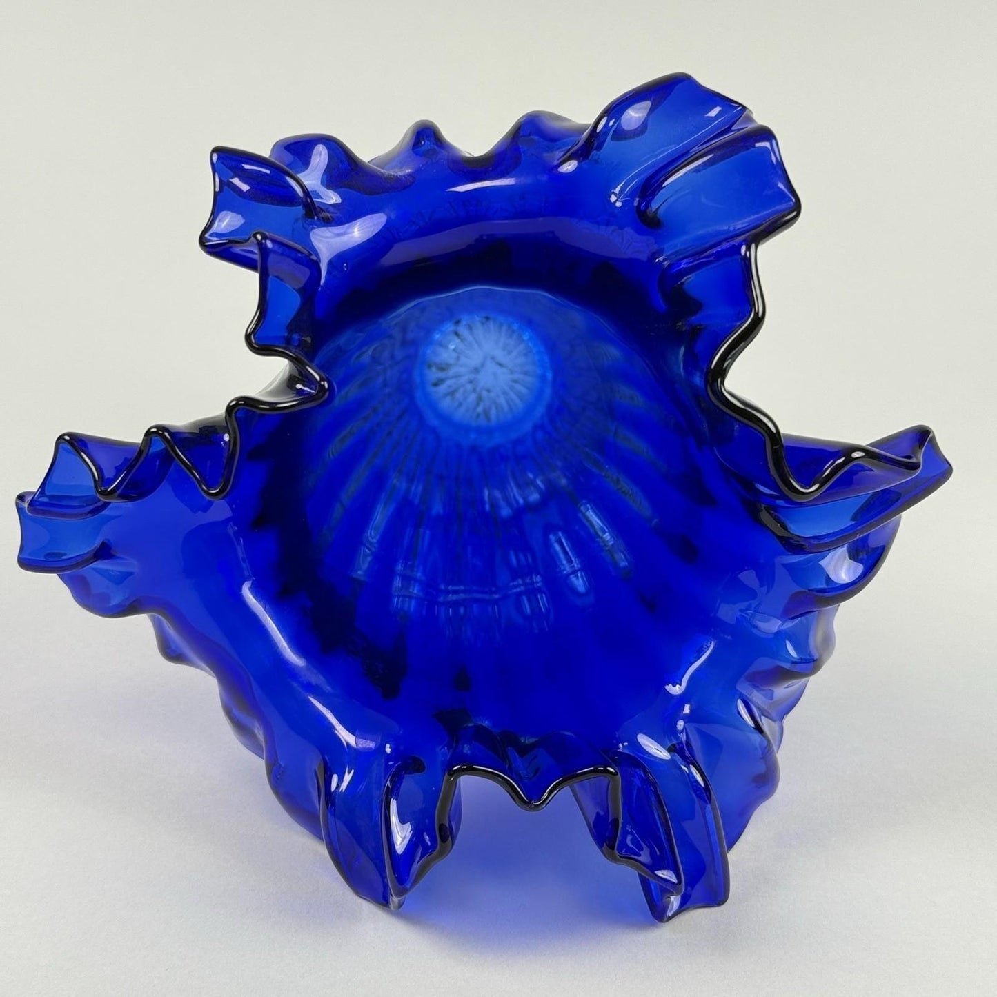 Vintage Cobalt Blue Art Glass Vase with Ruffled Rim – Hand Blown 11"