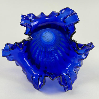 Vintage Cobalt Blue Art Glass Vase with Ruffled Rim – Hand Blown 11"