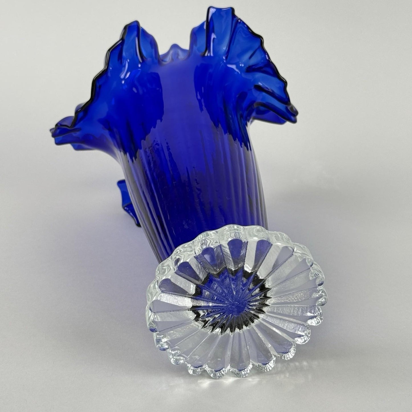 Vintage Cobalt Blue Art Glass Vase with Ruffled Rim – Hand Blown 11"