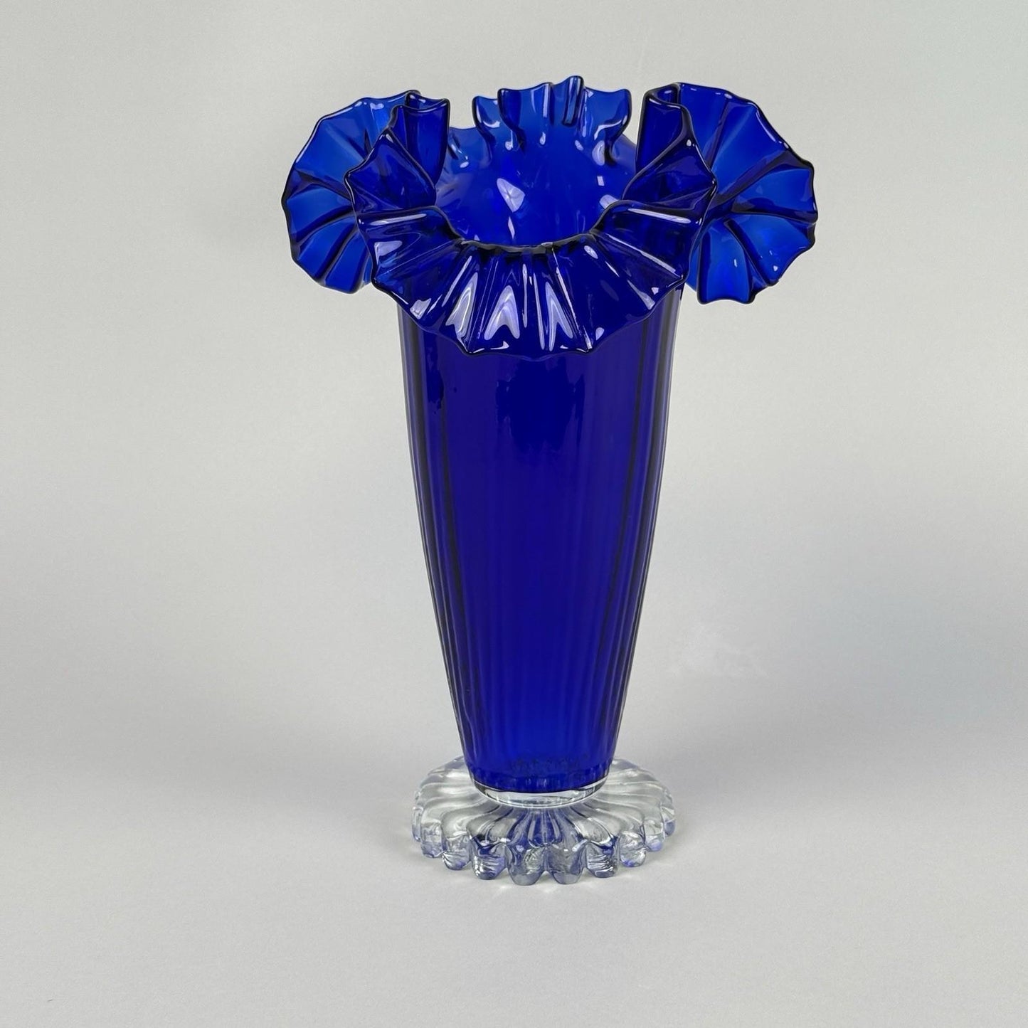 Vintage Cobalt Blue Art Glass Vase with Ruffled Rim – Hand Blown 11"