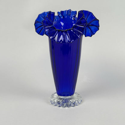 Vintage Cobalt Blue Art Glass Vase with Ruffled Rim – Hand Blown 11"