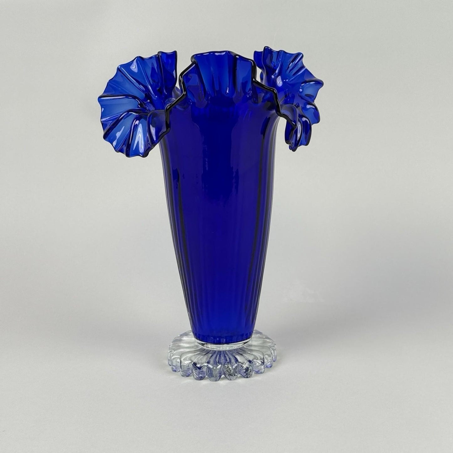 Vintage Cobalt Blue Art Glass Vase with Ruffled Rim – Hand Blown 11"