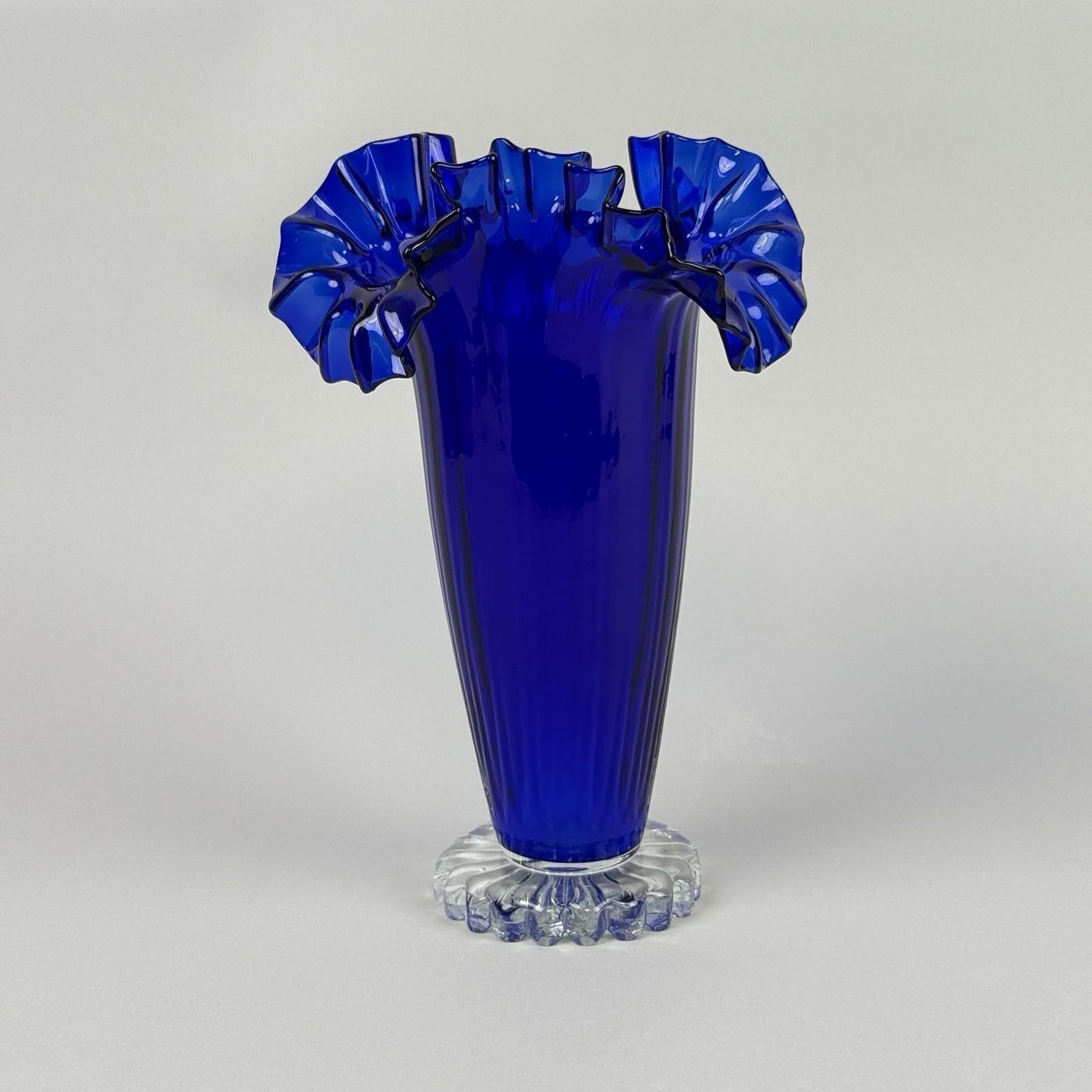 Vintage Cobalt Blue Art Glass Vase with Ruffled Rim – Hand Blown 11"