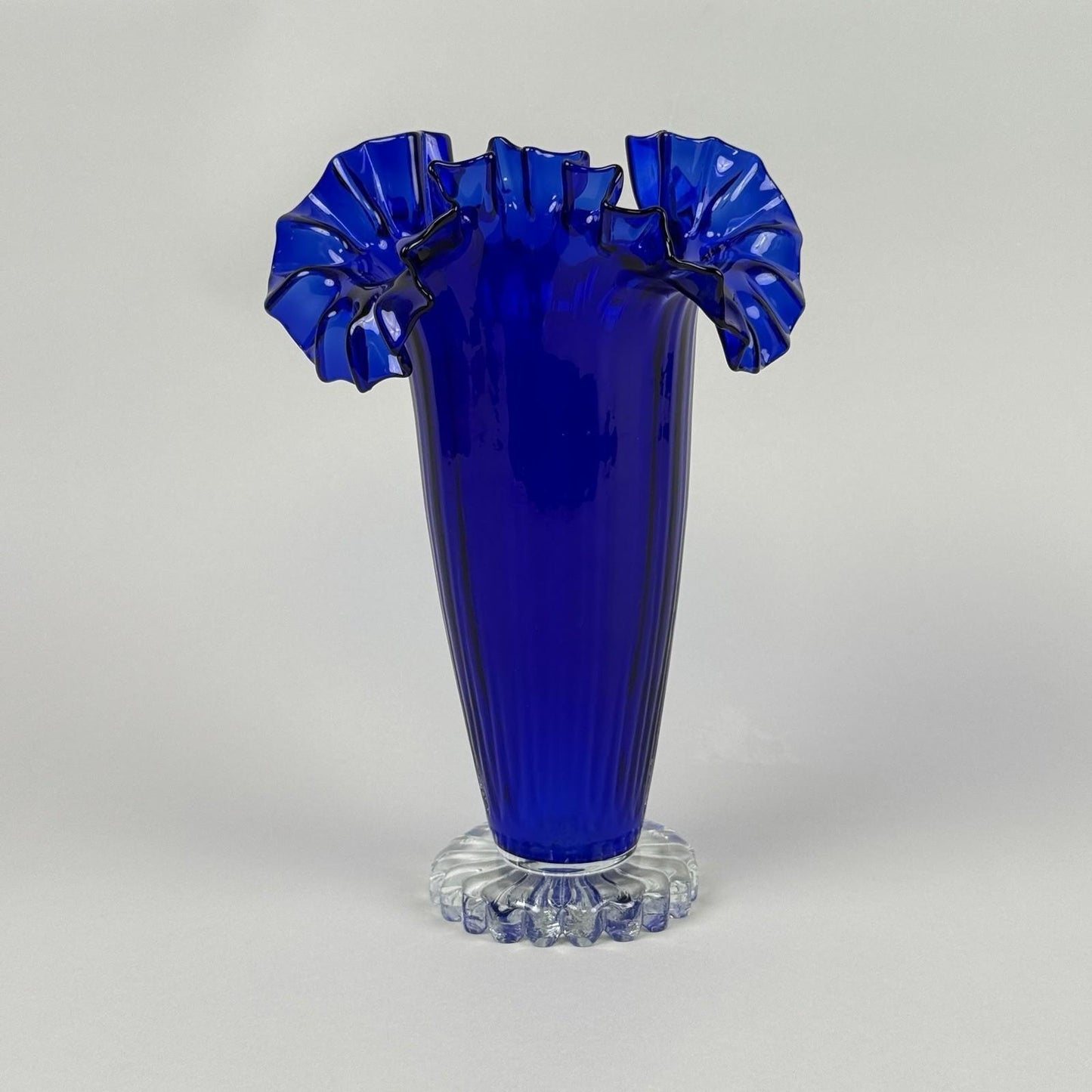Vintage Cobalt Blue Art Glass Vase with Ruffled Rim – Hand Blown 11"