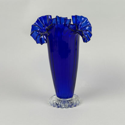 Vintage Cobalt Blue Art Glass Vase with Ruffled Rim – Hand Blown 11"