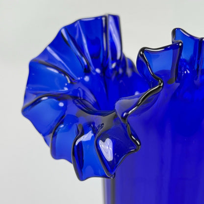 Vintage Cobalt Blue Art Glass Vase with Ruffled Rim – Hand Blown 11"