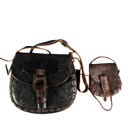 Vintage 1970s Handtooled Leather Handbag Purse Cottagecore Boho Hippie Groovy