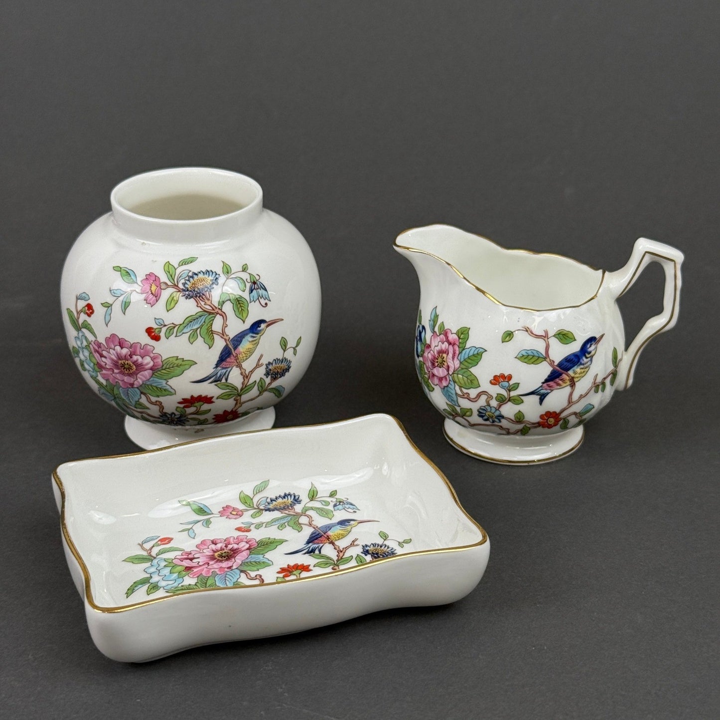 Aynsley Pembroke Bone China Set 3pc White Bird Floral Gold Trim