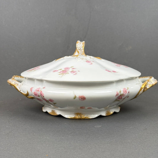 Haviland & Co. Limoges Porcelain Tureen Serving Dish Pink Floral Gold Trim