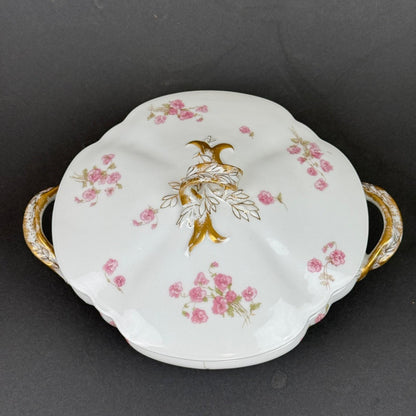 Haviland & Co. Limoges Porcelain Tureen Serving Dish Pink Floral Gold Trim