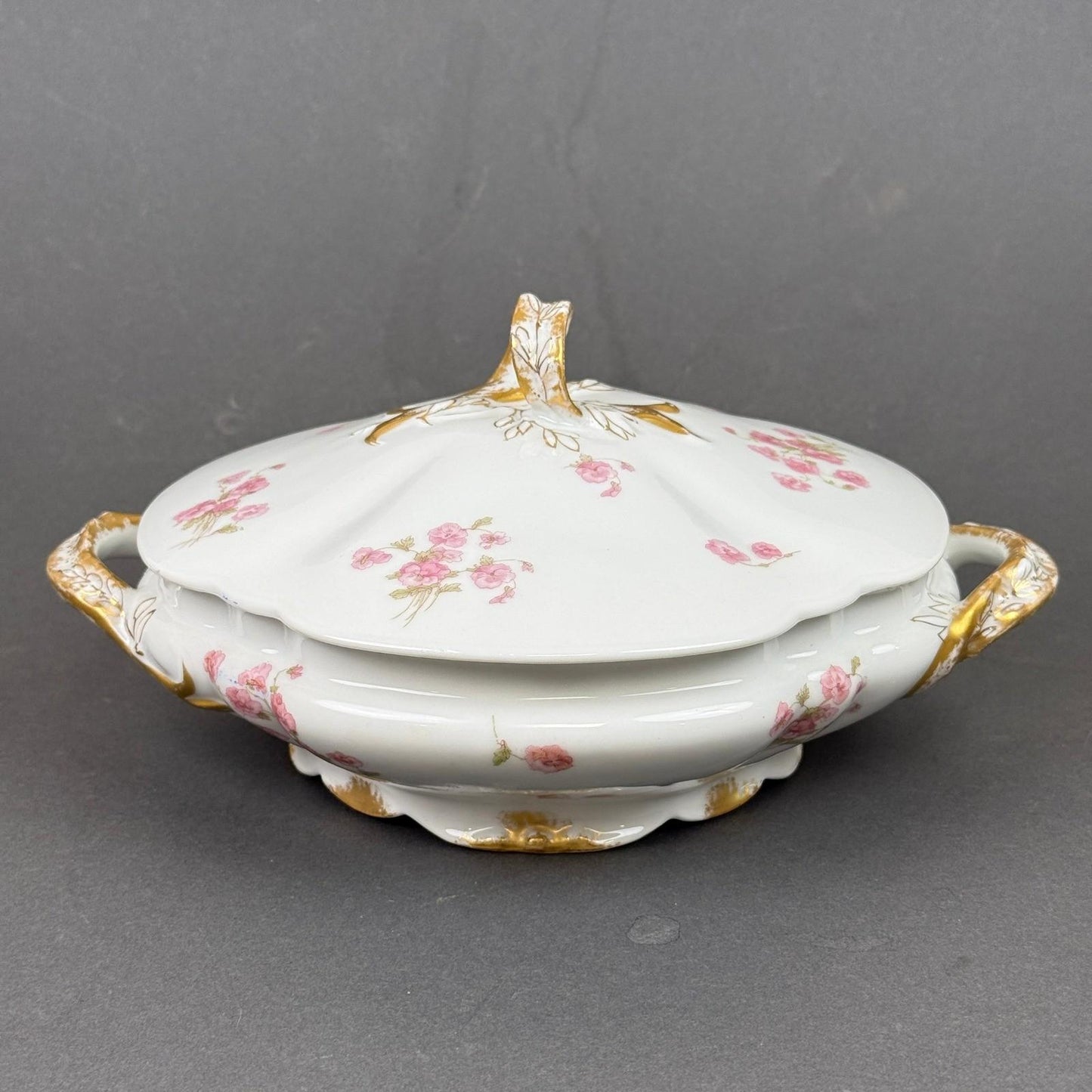 Haviland & Co. Limoges Porcelain Tureen Serving Dish Pink Floral Gold Trim