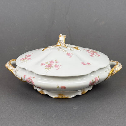 Haviland & Co. Limoges Porcelain Tureen Serving Dish Pink Floral Gold Trim