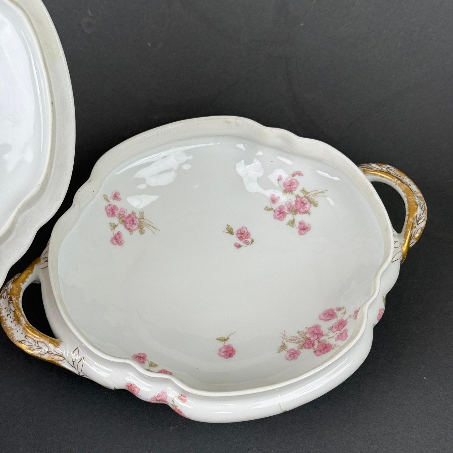 Haviland & Co. Limoges Porcelain Tureen Serving Dish Pink Floral Gold Trim