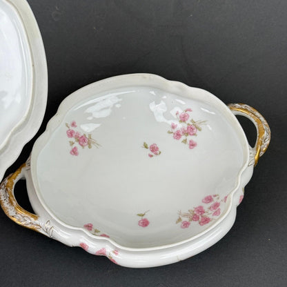 Haviland & Co. Limoges Porcelain Tureen Serving Dish Pink Floral Gold Trim