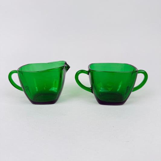 Anchor Hocking Emerald Green Glass Creamer and Sugar Set, Square Shaped