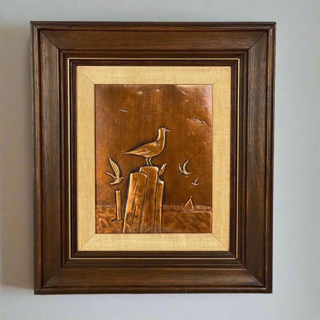 VINTAGE EMBOSSED COPPER RELIEF OF Beach, Seagulls, Sailboat 15" x 17"