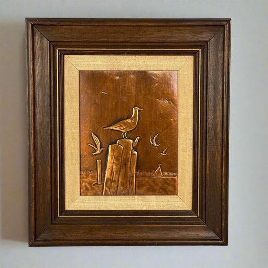 VINTAGE EMBOSSED COPPER RELIEF OF Beach, Seagulls, Sailboat 15" x 17"