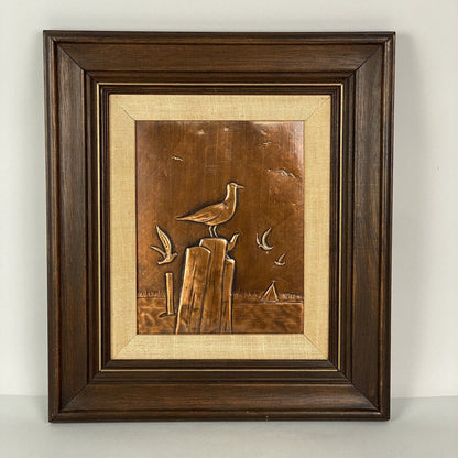 VINTAGE EMBOSSED COPPER RELIEF OF Beach, Seagulls, Sailboat 15" x 17"