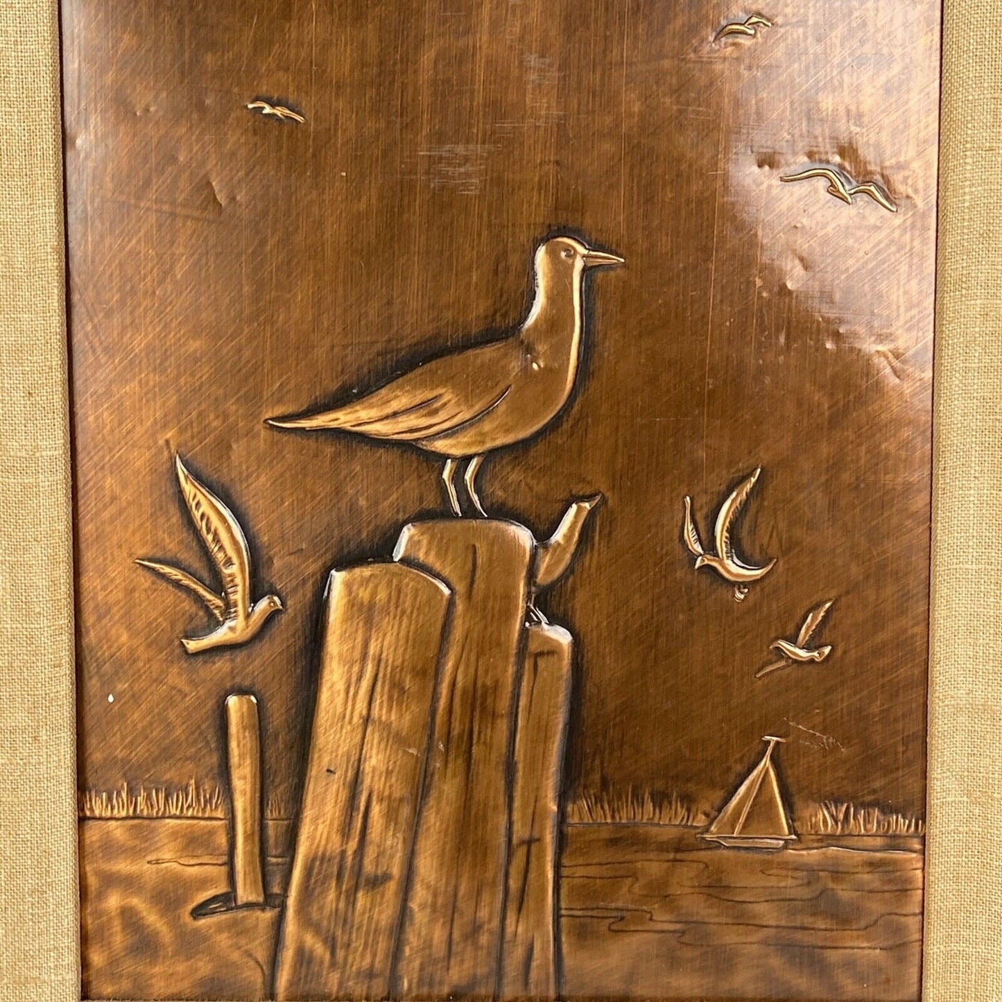 VINTAGE EMBOSSED COPPER RELIEF OF Beach, Seagulls, Sailboat 15" x 17"