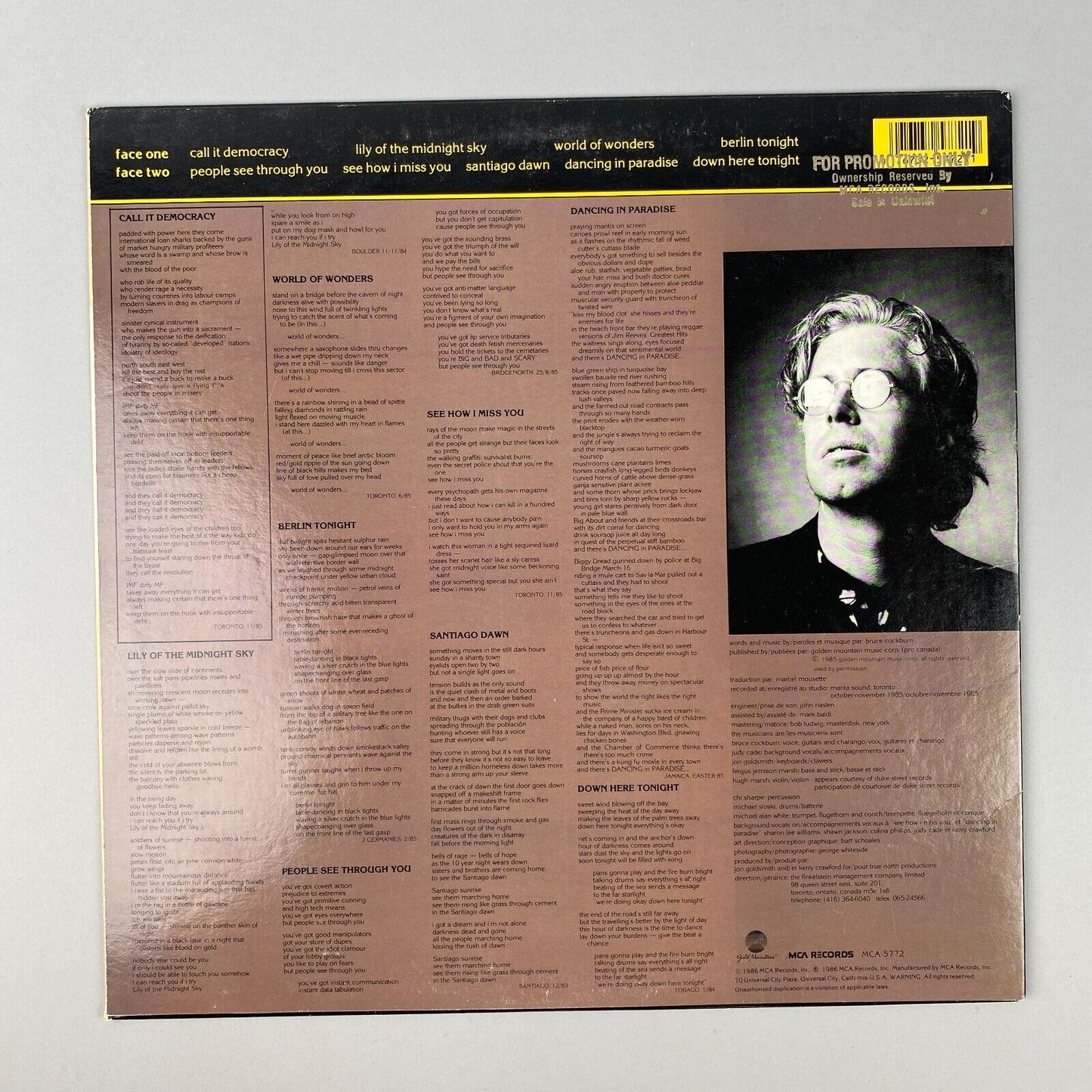 World of Wonders - Bruce Cockburn Promotional Vinyl Record, Near Mint Condition