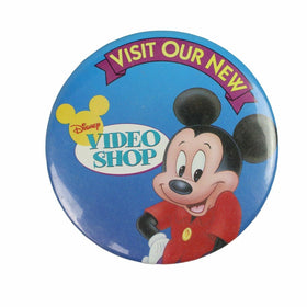 Vintage 3" Button Pinback Mickey Mouse Visit Our New Disney Video Shop