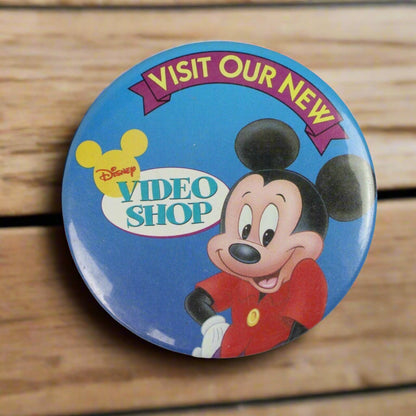 Vintage 3" Button Pinback Mickey Mouse Visit Our New Disney Video Shop