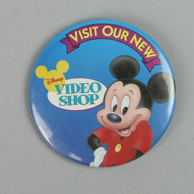 Vintage 3" Button Pinback Mickey Mouse Visit Our New Disney Video Shop