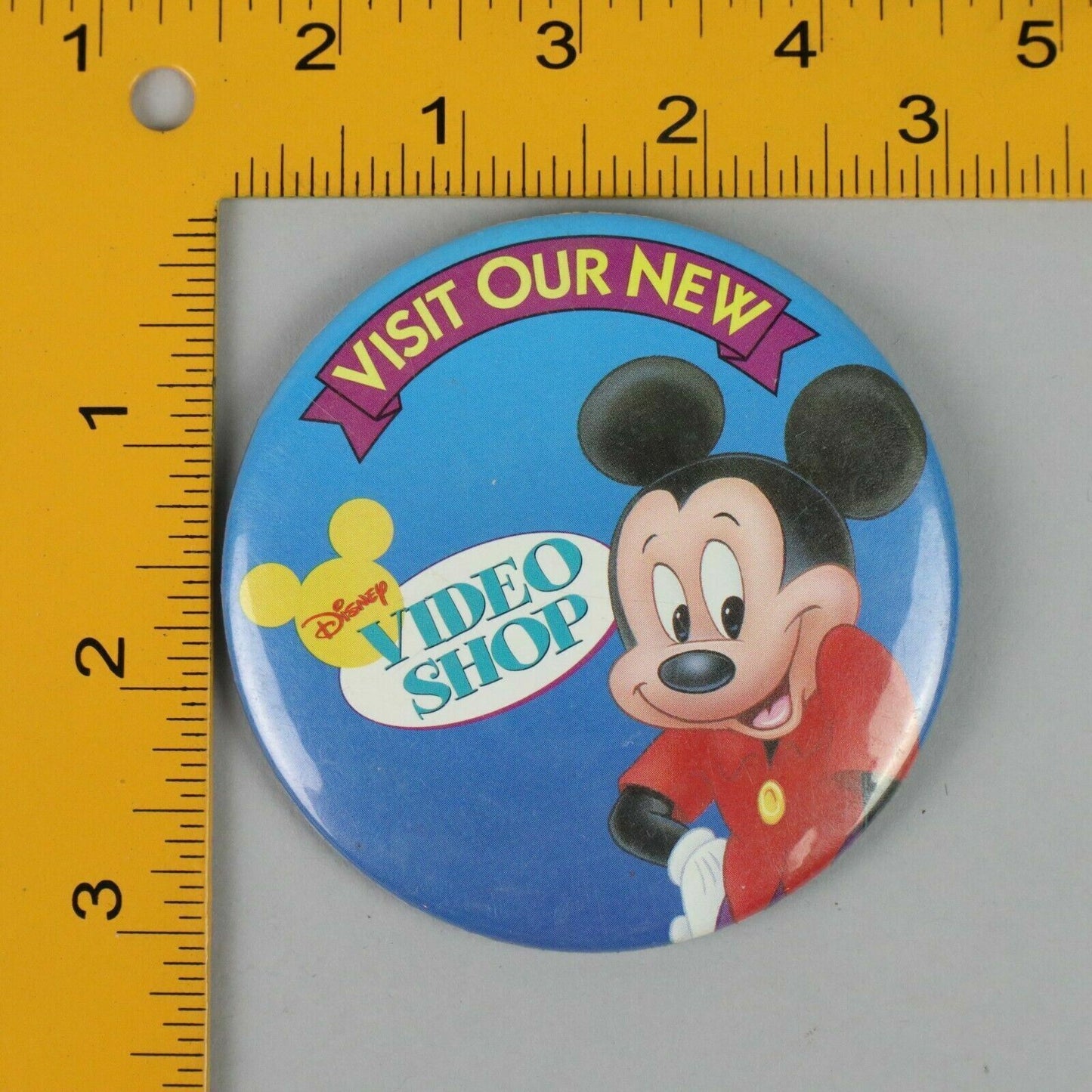 Vintage 3" Button Pinback Mickey Mouse Visit Our New Disney Video Shop