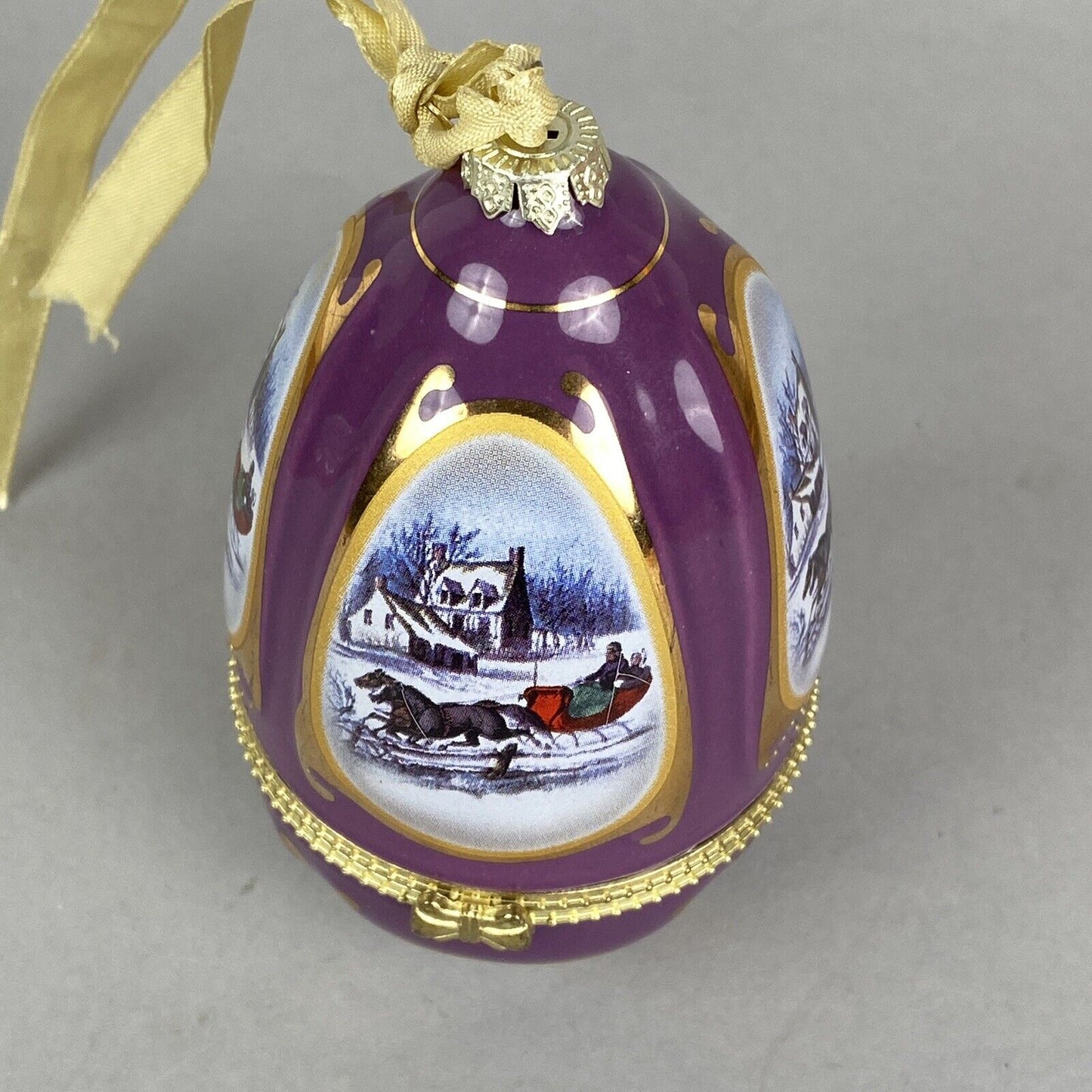 Hinged Egg Trinket Box Christmas Ornament Golden Bells Valerie Parr Hill EUC